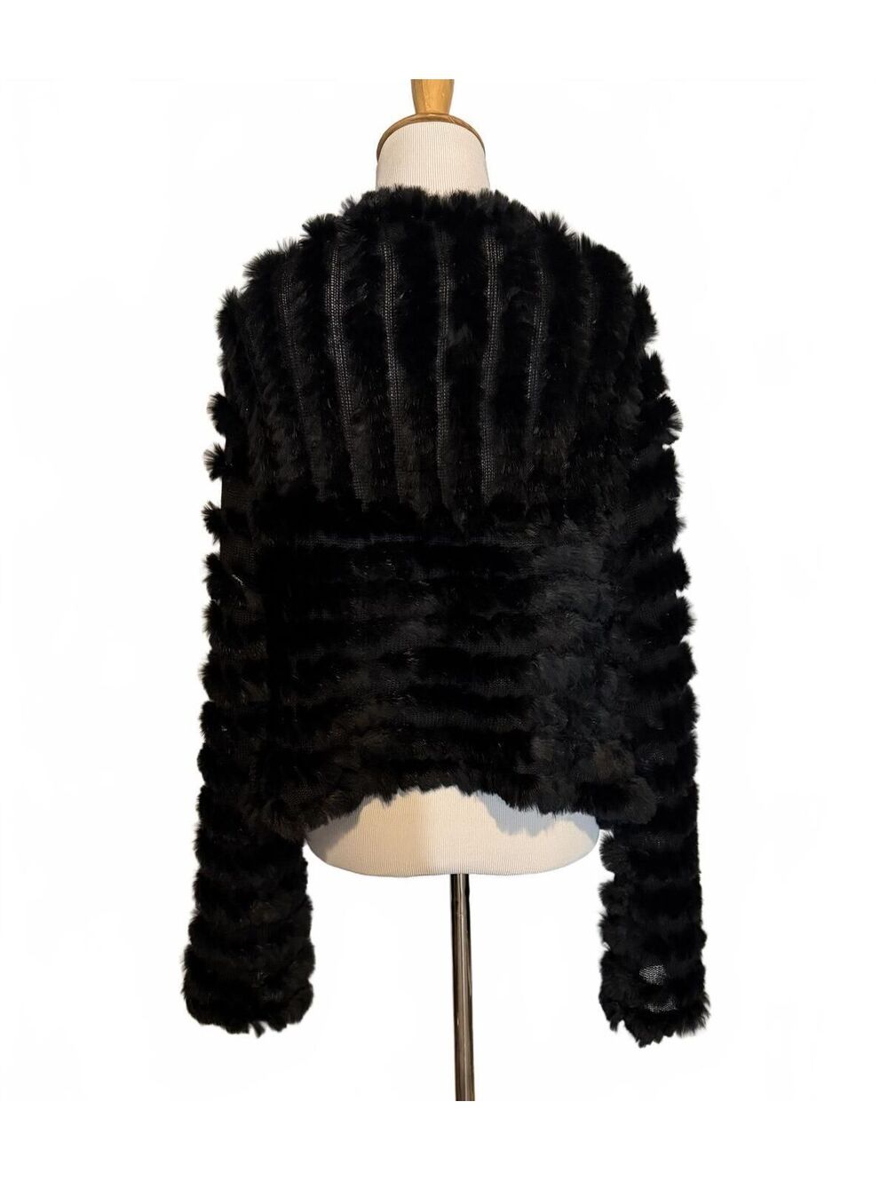 Black Icicle Cropped Rabbit Fur Jacket with jewel accent trim - Picture 3 of 7